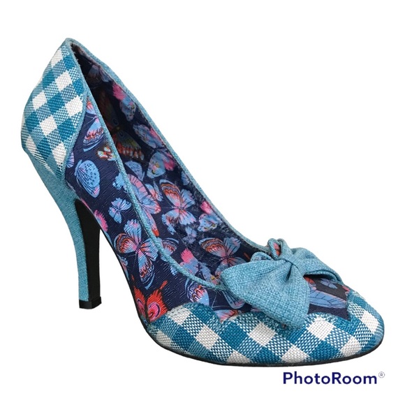 Dolce by Mojo Moxy Butterfly Heels | Bow Front Pumps | Blue Plaid - Picture 1 of 12